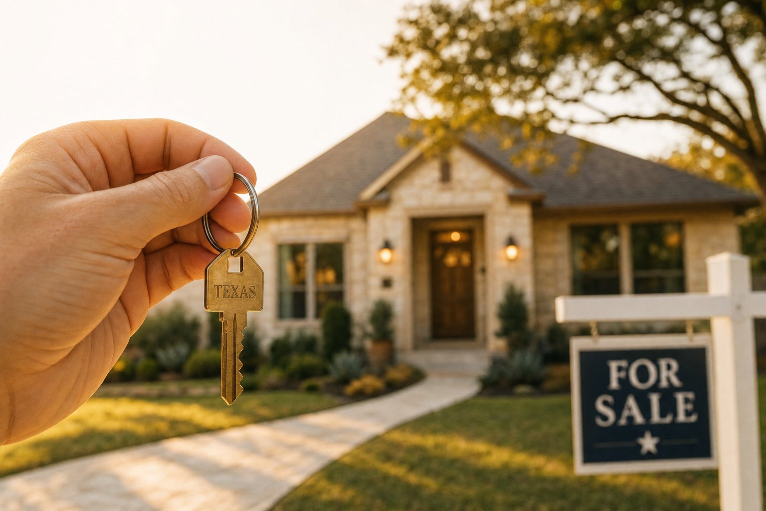 A hand holding a Texas house key with a home for sale in the background, representing a fast cash offer from A&O Property Investments